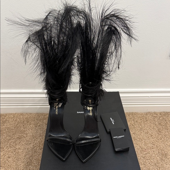 Saint Laurent Feather Lace-Up Heeled Sandals Black Leather Runway Statement 37 - Picture 6 of 16